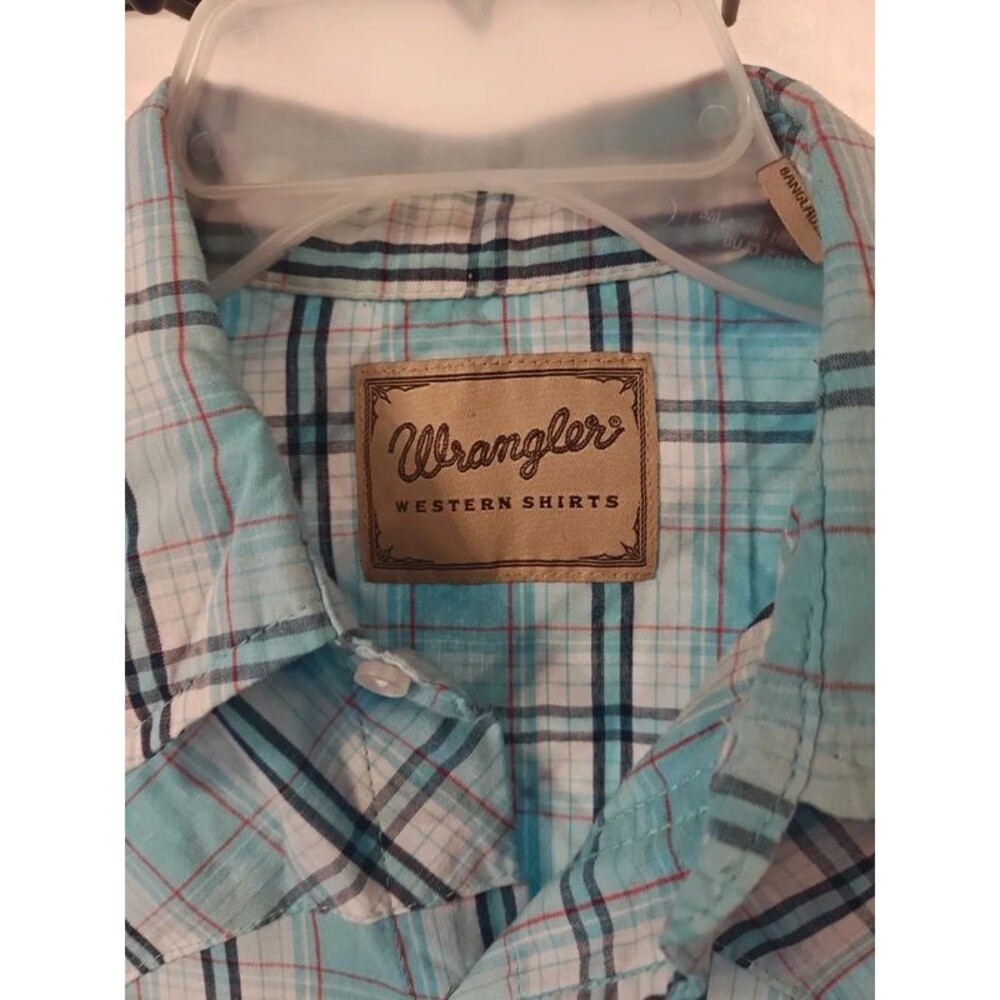 Wrangler Men’s Turquoise Plaid Short Sleeve Pearl Snap Western Shirt Size M - Picture 2 of 7